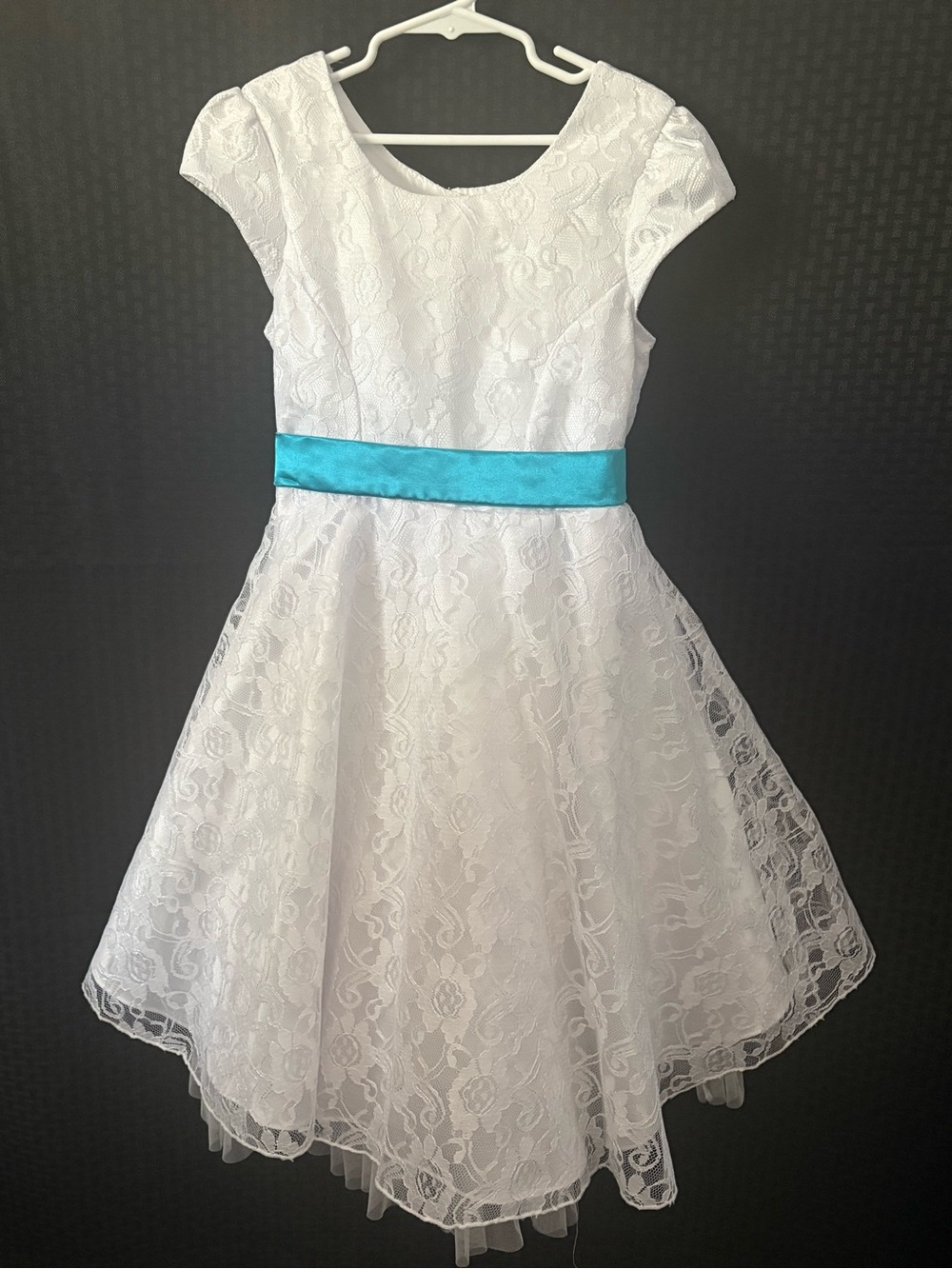 Jona Michelle White Lace Dress with Turquoise Sash